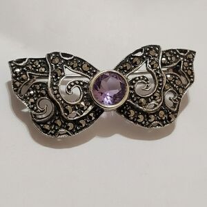 Vintage Sterling Silver Amethyst Marcasite Butterfly Brooch